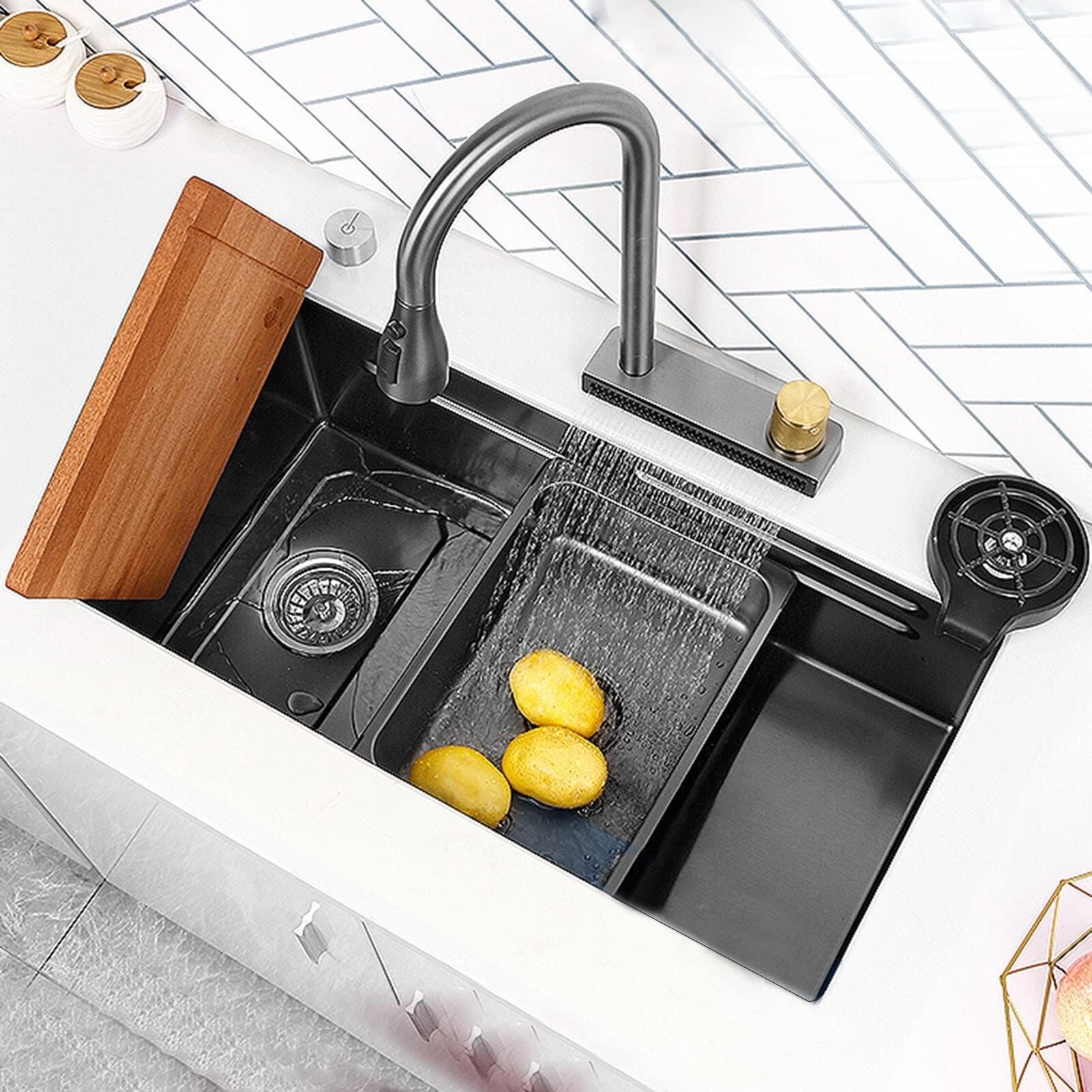 SDdPulse Built-in Single Bowl Kitchen Sink with Waterfall Faucet - Commercial Stainless Steel Sink for Kitchen, Office and Courtyard, Black, 68 x 40 cm