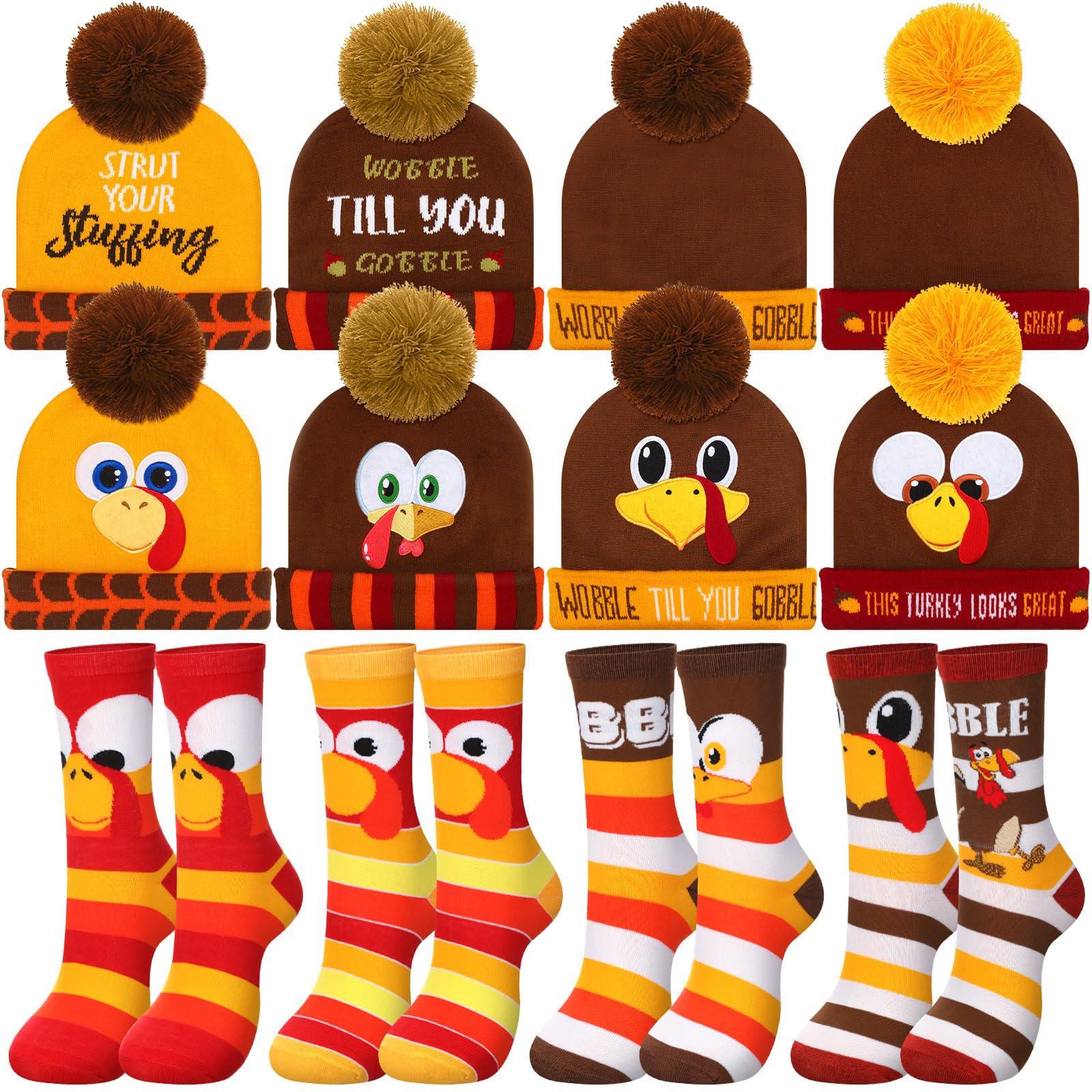 Glitopper 8 Pcs Thanksgiving Turkey Trot Costume Set Beanie Hat Turkey Socks Beanie Hat Funny Knitted Cap Men Women (Cute)