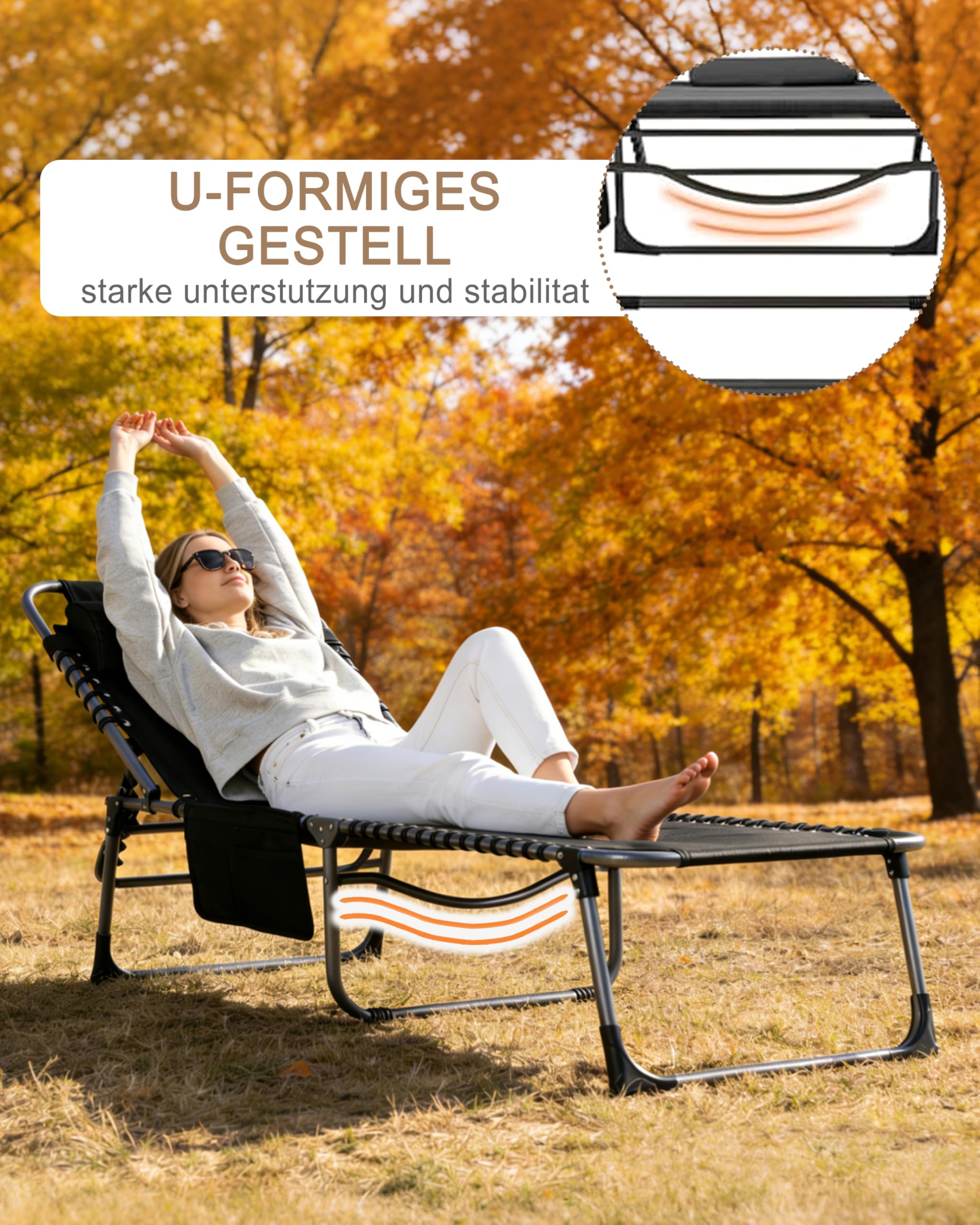 Sonnenliege Klappbar 5-Verstellbarer Rückenlehne, Gartenliege Klappbar mit Kopfkissen & Seitentasche, Liegestuhl Strandliege für Balkon Strand Campingliege Outdoor Indoor, Bis 150kg
