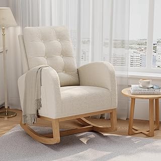 GarveeHome Nursery Rocking Chair, Teddy Fleece Upholstery, Sturdy Wooden Legs & High Backrest, Comfortable Glider Rocking Chair for Living Room or Bedroom, White