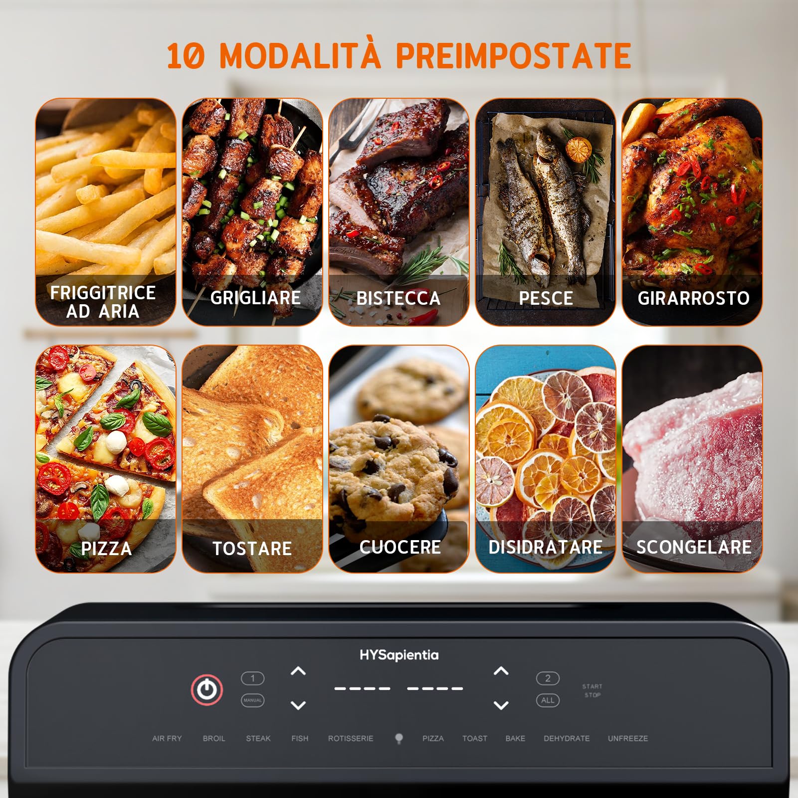HYSapientia 22 Litri Forno Friggitrice Ad Aria doppio cestello Calda，2400W friggitrice aria 2 cestelliin in acciaio inossidabile,10 Funzioni,Doppia Temperatura,Suddividere in due campate，Girarrosto