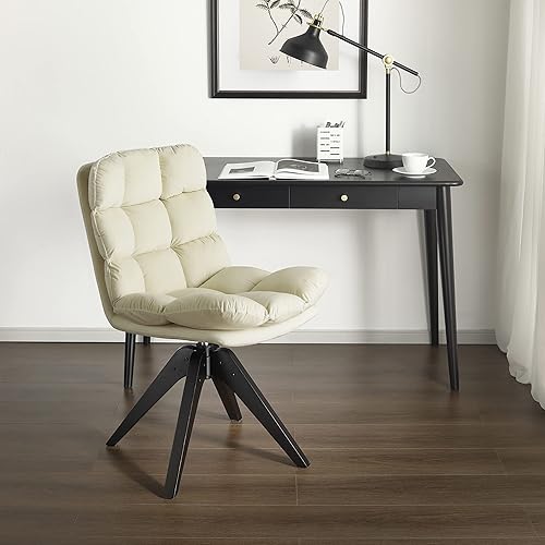 Miniatura 5 de Art Leon Silla de escritorio sin ruedas, moderna silla de terciopelo sin brazos de mediados de siglo, silla giratoria con patas de madera para sala