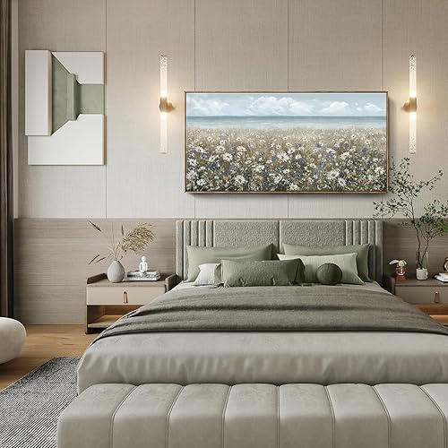 Vista 176 de Lienzo decorativo para pared, baño, estilo bohemio, costero, granja, vaca, montaña, flor, ilustración, obra de arte floral, paisaje rústico de Arte