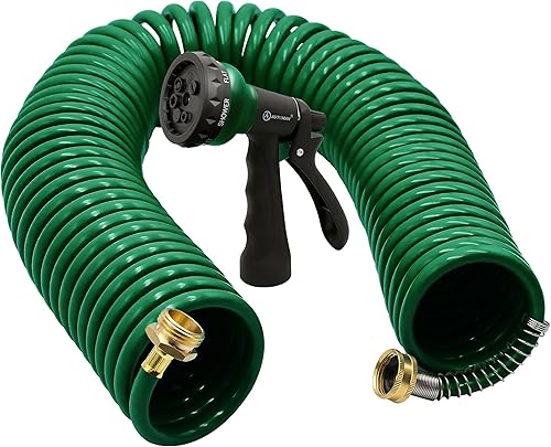 AUTOMAN Manguera de jardín de bobina de 50 pies, manguera de agua rizada de EVA con conectores de latón, manguera de agua de jardín de retroceso,