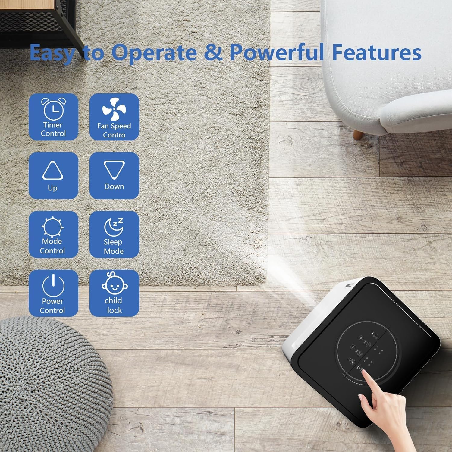 Top-down view of the portable air conditioner's control panel with various function icons like Timer, Fan Speed, Up, Down, Mode, Sleep, Power, and Child Lock.