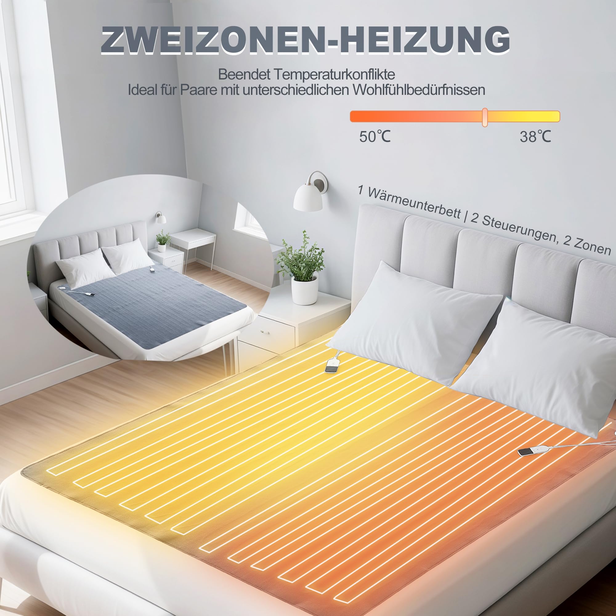 Doppelsteuerung 2-Zonen Wärmeunterbett 180x200cm: Heizdecke mit Überhitzungsschutz+Auto-Abschaltung 5 Temperaturstufen waschmaschinenfest (Controller abnehmbar) – Zum Vorwärmen unter Laken
