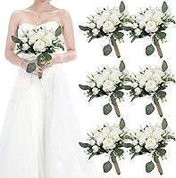 HOMENERGY Set of 6 Artificial Ivory Bridesmaid Bouquets - 7 Inch Silk Roses & Eucalyptus for Wedding, Rustic Boho Party Centerpieces