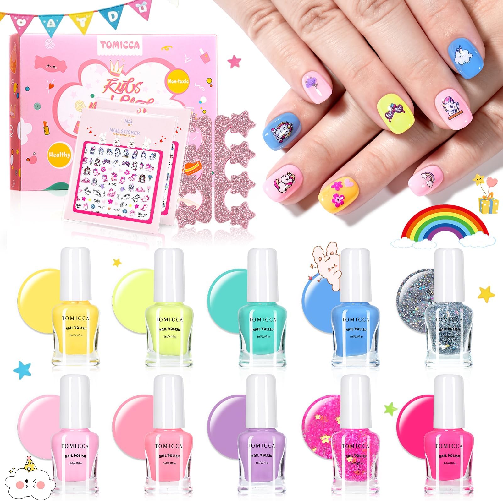 Kids Nail Polish Set, Non Toxic Quick Dry Water-Based Peel-Off 10 Colors Toddler Nail Polish Kit Natural Safe Quick Diy Kids Gifts Kit for Girls Ages 5+