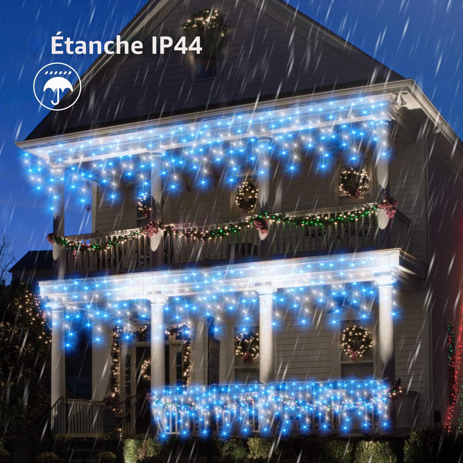 CORST Rideau Lumineux 10M 400LEDs Guirlande Lumineuse Pâques 8 Modes d'éclairage adaptateur Connectable pour Mariage Balcon Terrasse Pergola Fêtes Soirée Anniversaire (Bleu+Blanc)
