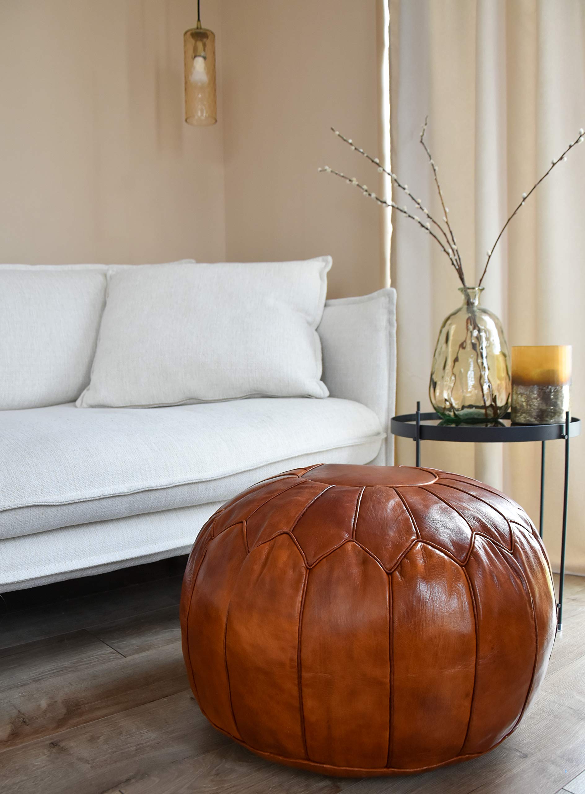 Pouf Marocchino In Pelle Vegetale See The Good - Fatto A Mano, Imbottito, Color Miele - 55x35 Cm - 3