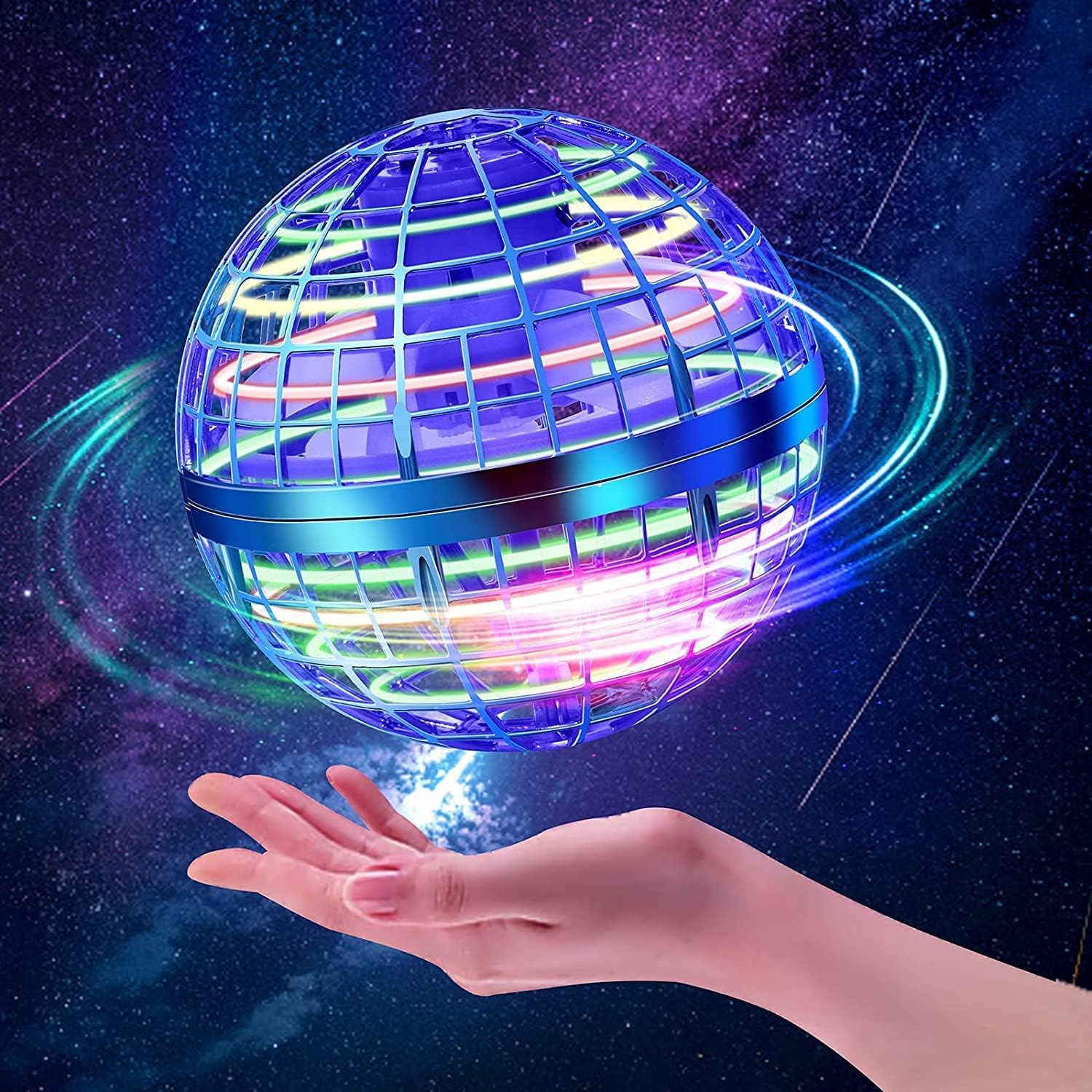 Flying Orb Ball Toys, 2025 Hover Galaxy Ball Soaring Nebula Flying Orb, Hand Controlled Boomerang Spinner, RGB Light Magic Space UFO Cool Toy, Mini Drone for Kid Adults Outdoor Indoor-Blue