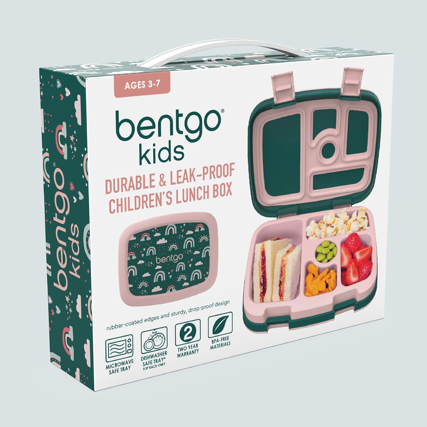 Bentgo Kids Prints Leak-Proof, 5-Compartment Bento-Style Kids Lunch Box - Ideal Portion Sizes for Ages 3-7, Durable, Drop-Proof, Dishwasher Safe, & PFAS & BPA-Free Materials (Green Rainbow) - Image 7