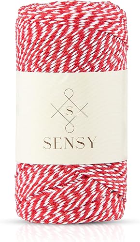 Sensy - Cordón de algodón a rayas para panaderos de alta calidad para manualidades y envoltura de regalos (rojo y blanco)