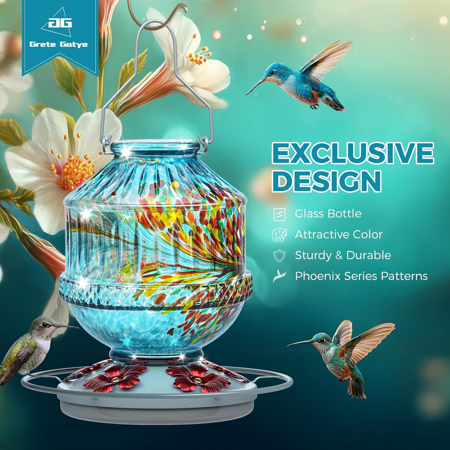 Hand Blown Glass Hummingbird Feeders for Outdoors, 25 Ounces Wild Bird Nectar Feeder with Perch & 5 Flower Feeding Ports Leak Proof Hanging for Garden Backyard Decor, Gifts for Women Mom, Blue - Image 2