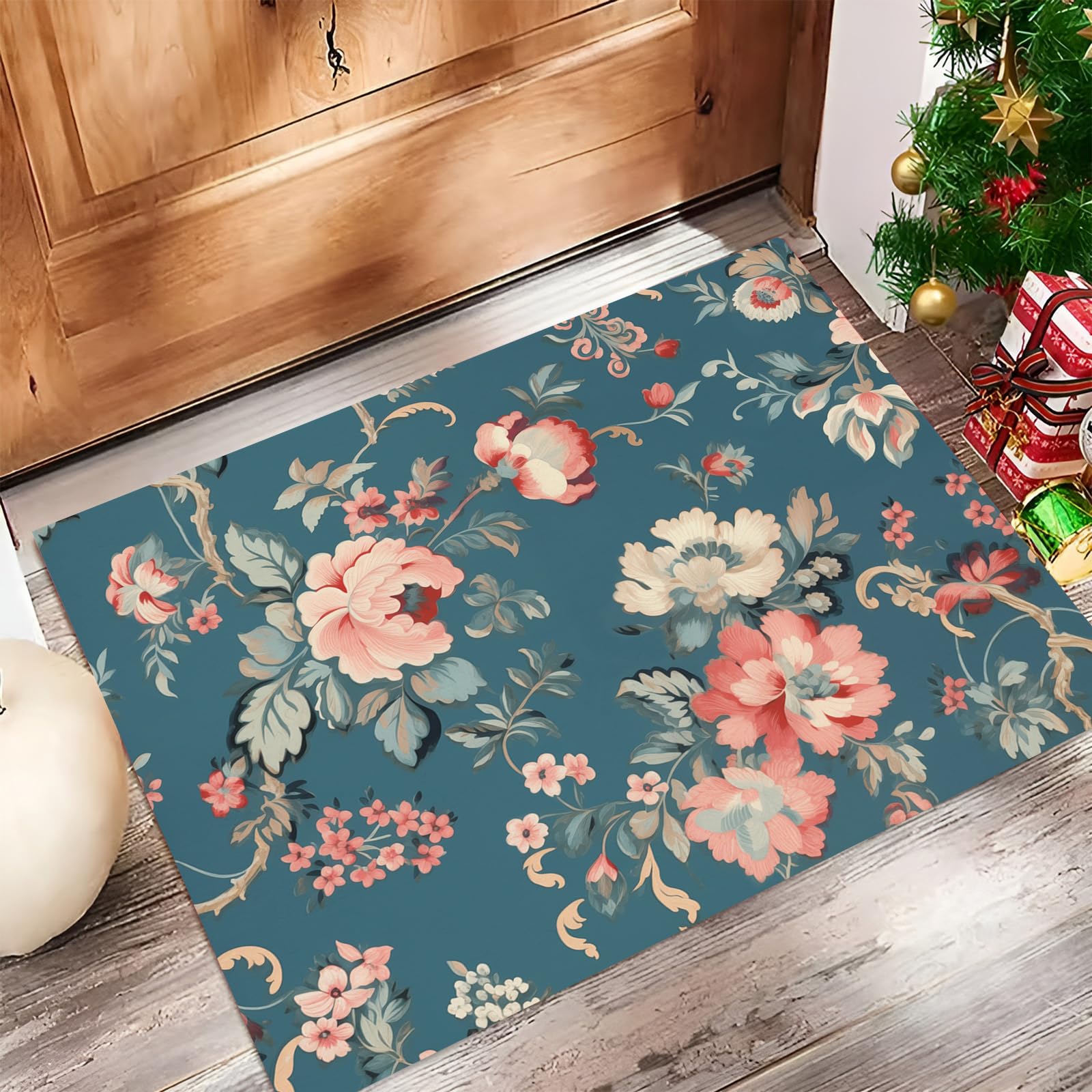 Paillasson Vintage 50x80cm Cyan Foncé - Tapis de Sol Antidérapant et Lavable pour Entrée