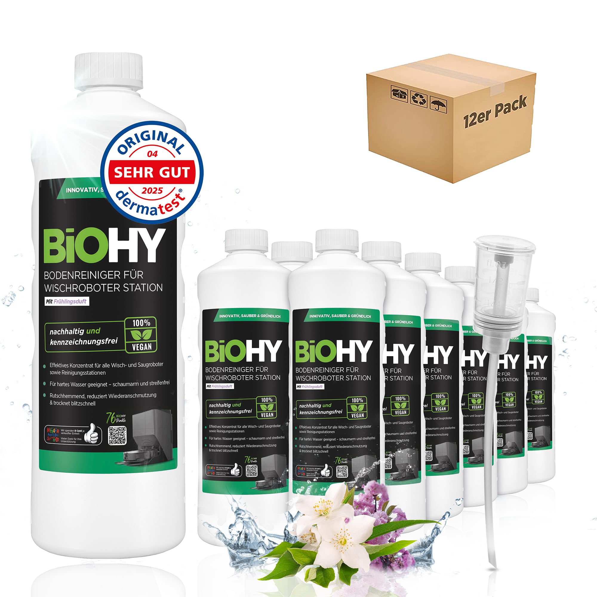 BiOHY Limpiador de suelos para robot limpiador estación con aroma primaveral (12 x 1 litro) + dosificador, detergente concentrado para todos los robots limpiadores y aspiradores con función húmeda,