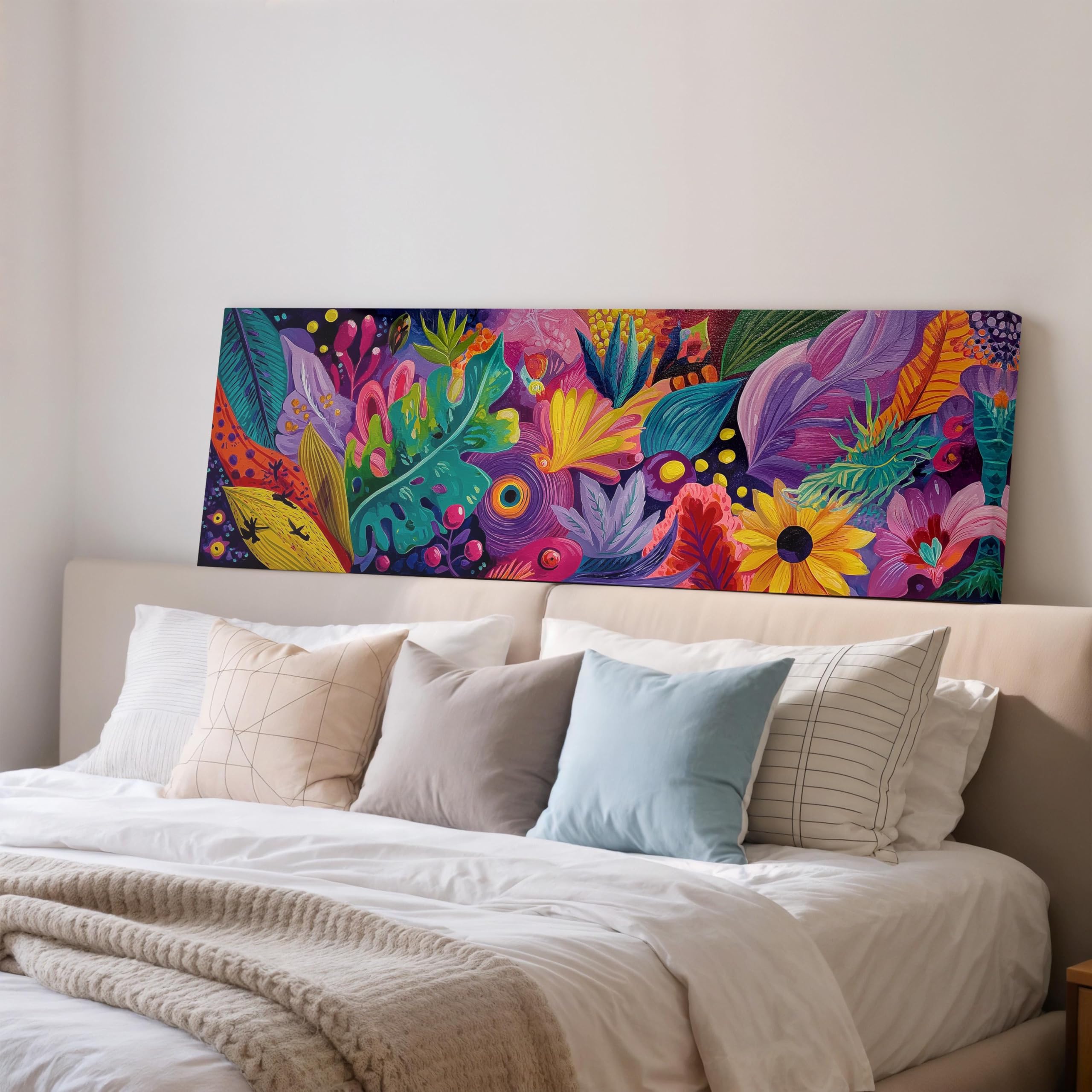 XBTYKPB Lush Jungle Painting, Wide Panoramic Canvas, Long Narrow Framed Art, Large size Floral, Maximalist Jungle Decor,Wall Art(60x180cm/Frameless)