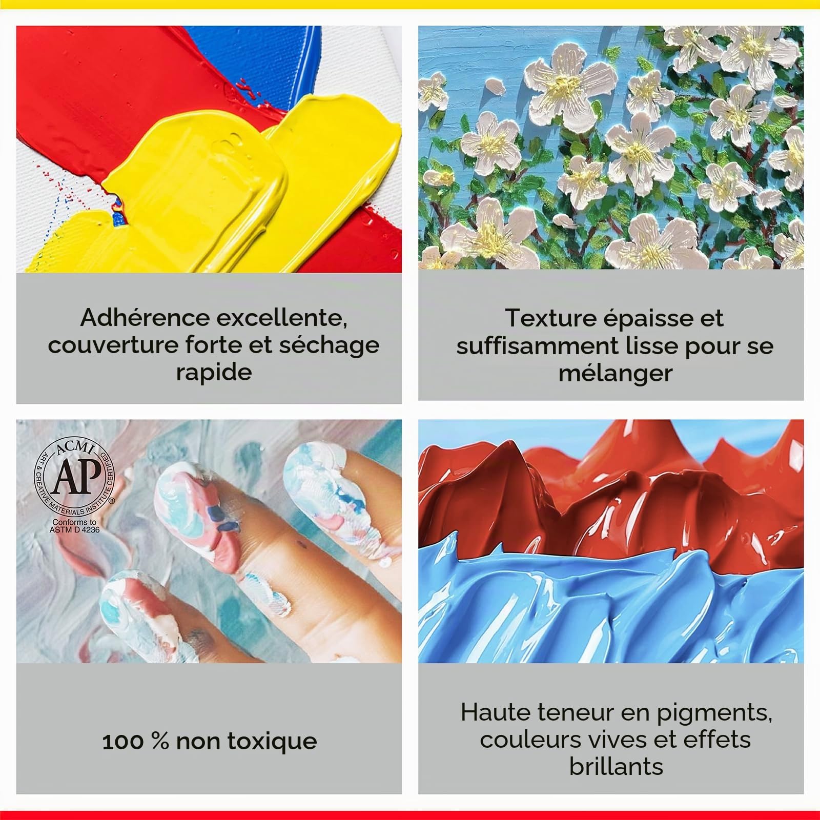 MEEDEN Ensemble de 6 couleurs de peinture acrylique, corps épais, finition brillante, pigments riches non toxiques extra-larges de 1 L / 33,8 oz, peinture acrylique professionnelle pour studio, idéale
