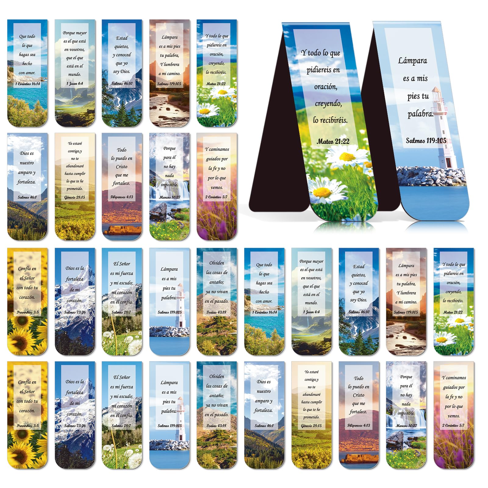 Wxiben Spanish Christian Magnetic Bookmark - 30PCS Bible Verse Magnetic Bookmarks Scripture Scenery Book Marks Inspirational Religious Book Mark Magnets Page Marker Clip for Students Teacher Reading
