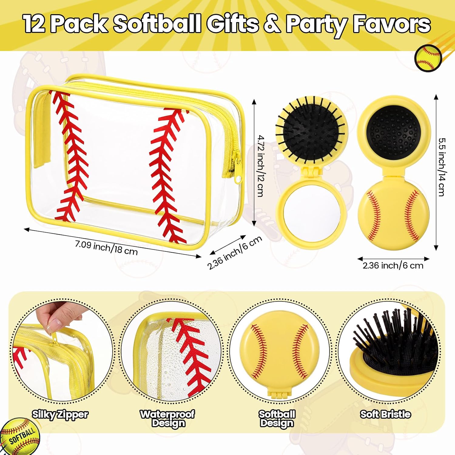 Remerry 60 Pcs Softball Gifts Makeup Bag for Women Party Team Gifts with Sport Hair Ties Folding Mirror Hair Brushes Bracelets Lip Balm Holder Keychain