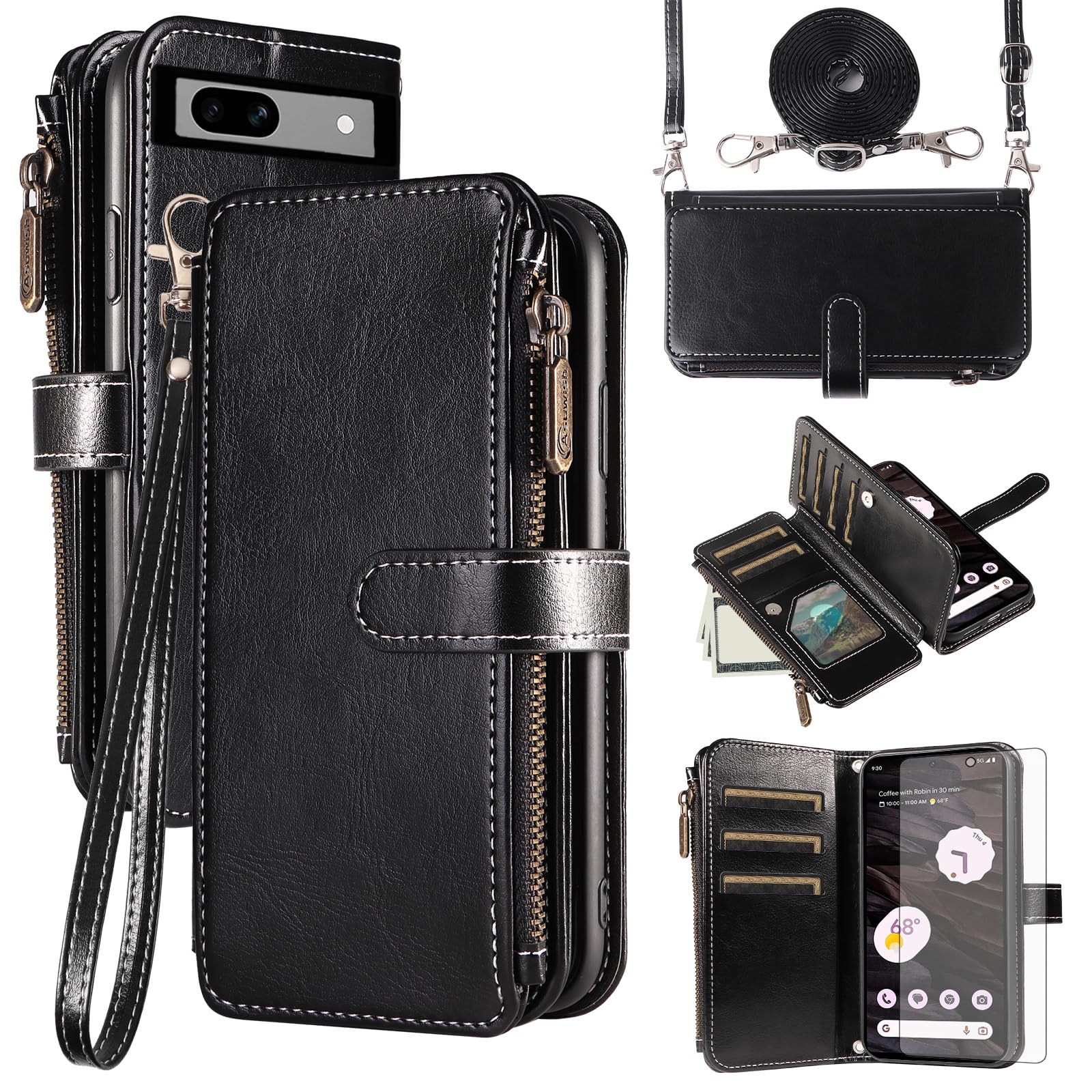 Asuwish Handyhülle für Google Pixel 7a Hülle mit Band Folie Schutzfolie Kartenfach Klappbar Leder Geldbörse Ständer Pixel7a 5G a7 Handy Hüllen Schutzhülle Reißverschluss Schutzglas Phone Case Schwarz