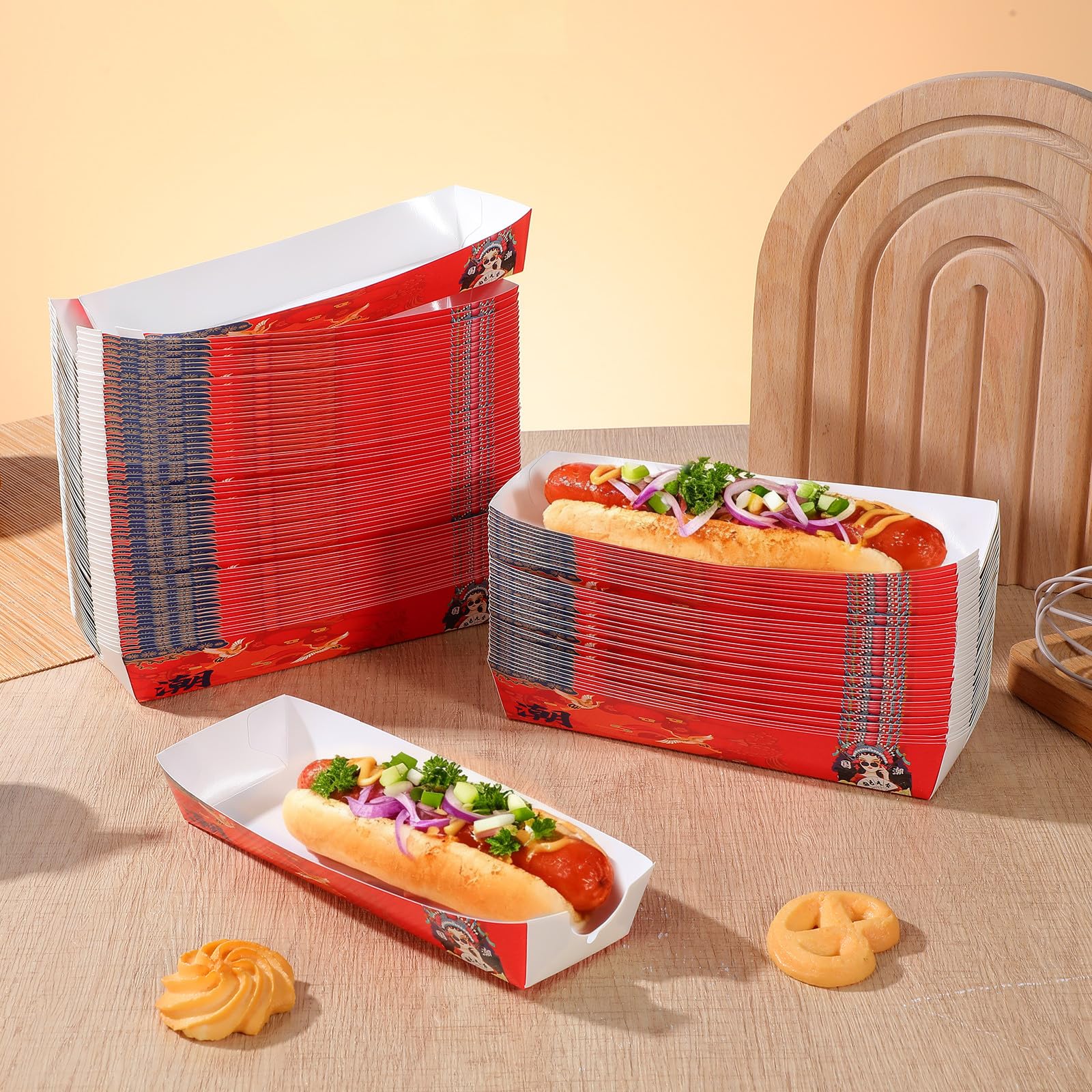 Machine à Hot Dog Boîtes Alimentaires en Papier Rouge, Contenant à Hot-dogs Polyvalent en Papier Robuste pour Fêtes et Barbecues en Plein Air, Pack de 100 Pièces