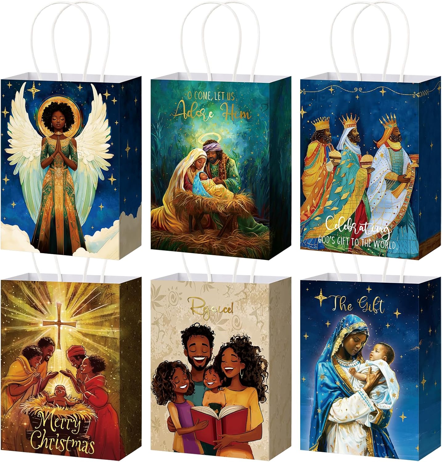 Moinchore 30 Pack African American Religious Christmas Bags Assortment with Handle Black Jesus Nativity Scene Gift Paper Goody Treat Wrapping Bags for Holiday Party Favors Wrapping