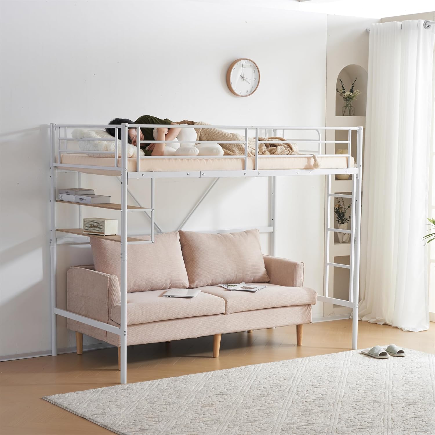 ロフトベッド パイプベッド シングル コンセント付き 高さ170cm White