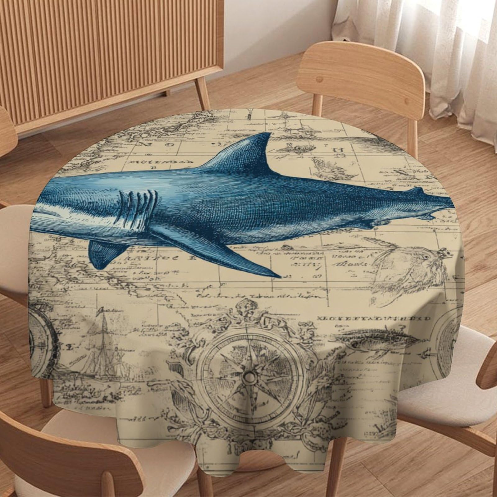 LUYYSKY Retro Rustic Fish Shark Waterproof Round Tablecloth Modern Funny Old Map Underwater Compass Boat Shark Washable Table Cover for Kitchen-91.4" Wx91.4 L cm