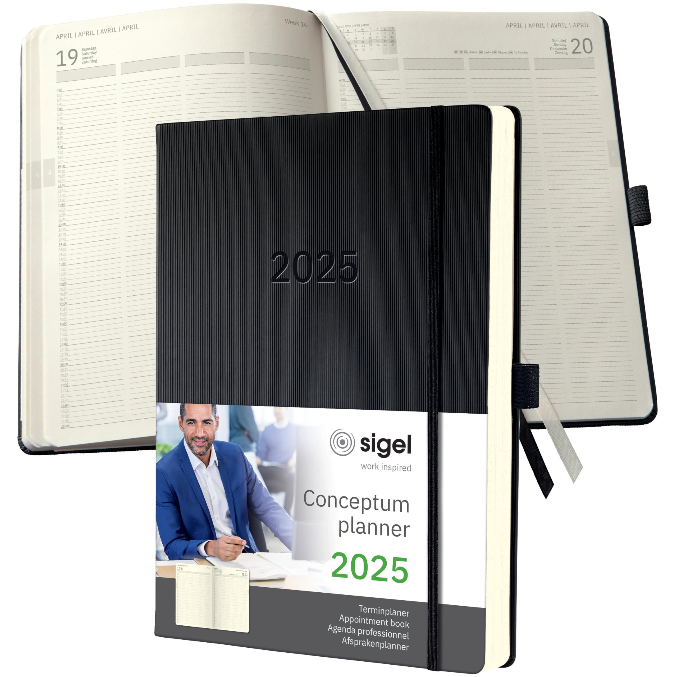 SIGEL C2504 Conceptum Agenda profesional 2025, A4+, negro, tapa dura, una página = un día, 480 páginas