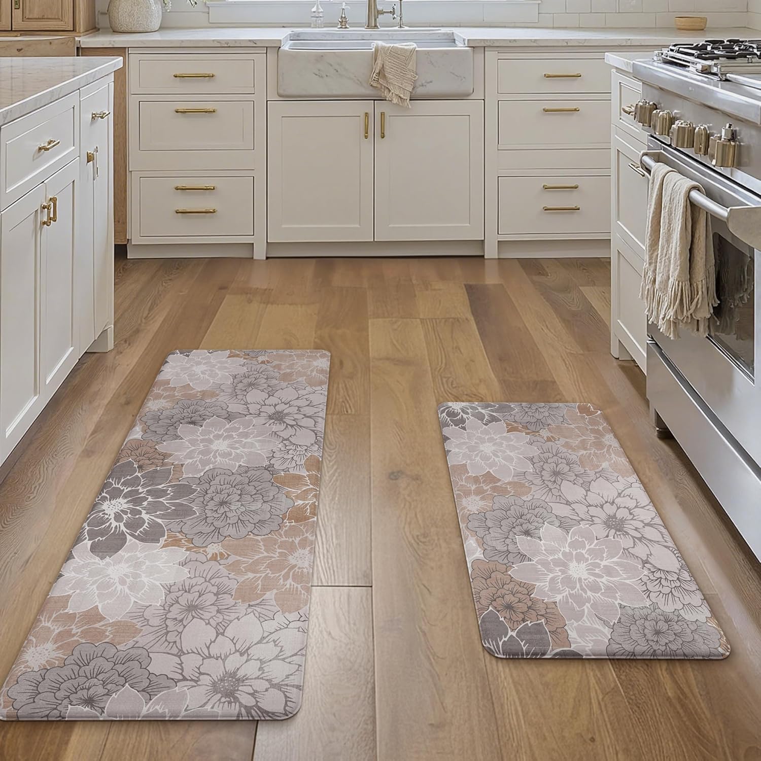 GENIMO Kitchen Mats for Floor, Kitchen Rugs Non Slip Washable Sets of 2, Waterproof Cushioned Anti Fatigue Mat, Floral Runner Rug for Laundry, Sink, Office, Home, 17.3"x47"+17.3"x30", Taupe Grey