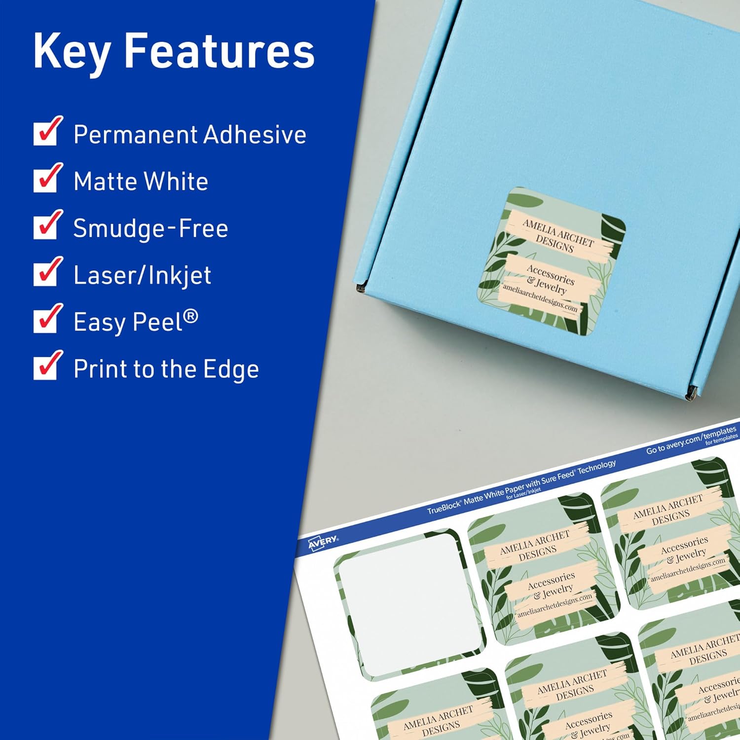 Avery TrueBlock Matte White Square Labels, Sure Feed Technology, 2-1/8" x 2-1/8", 600 Matte White Labels, Print-to-The-Edge, Laser/Inkjet Printable, Great for Packaging and Product Merchandising