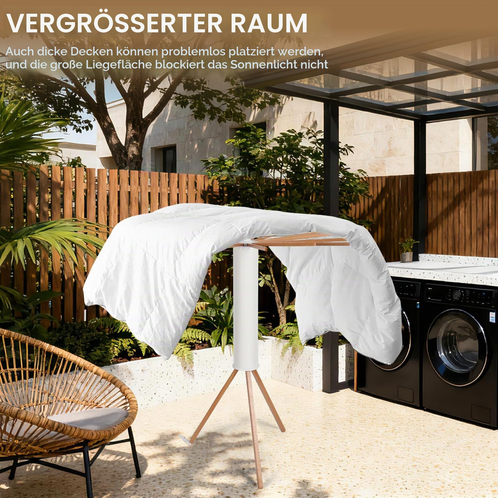 Wäscheständer Platzsparend,Faltbarer Wäschetrockner mit 16 Holzarmen & 48 Hängerplätzen,Moderner Trockenständer für Balkon,Innenbereich oder Waschküche,121cm Standtrockner -Bis 25kg (Weiß)