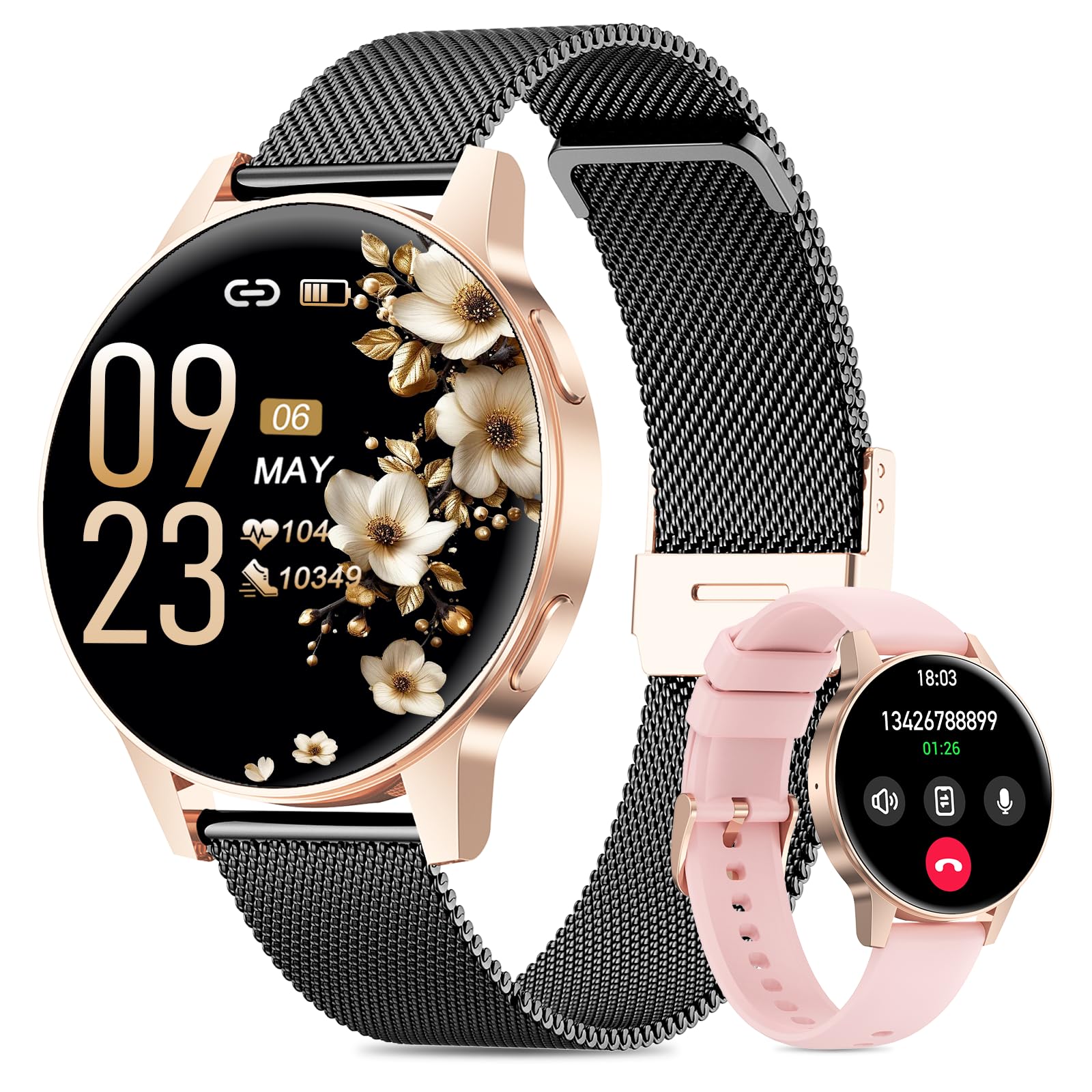 SLOKSFil Smartwatch Damen, 1,27" HD Touch Display Rund, Schrittzähler mit Telefonfunktion, 24H Pulsuhr Schlafmonitor, 100+ Sportmodi Fitness Tracker für Android & iPhone