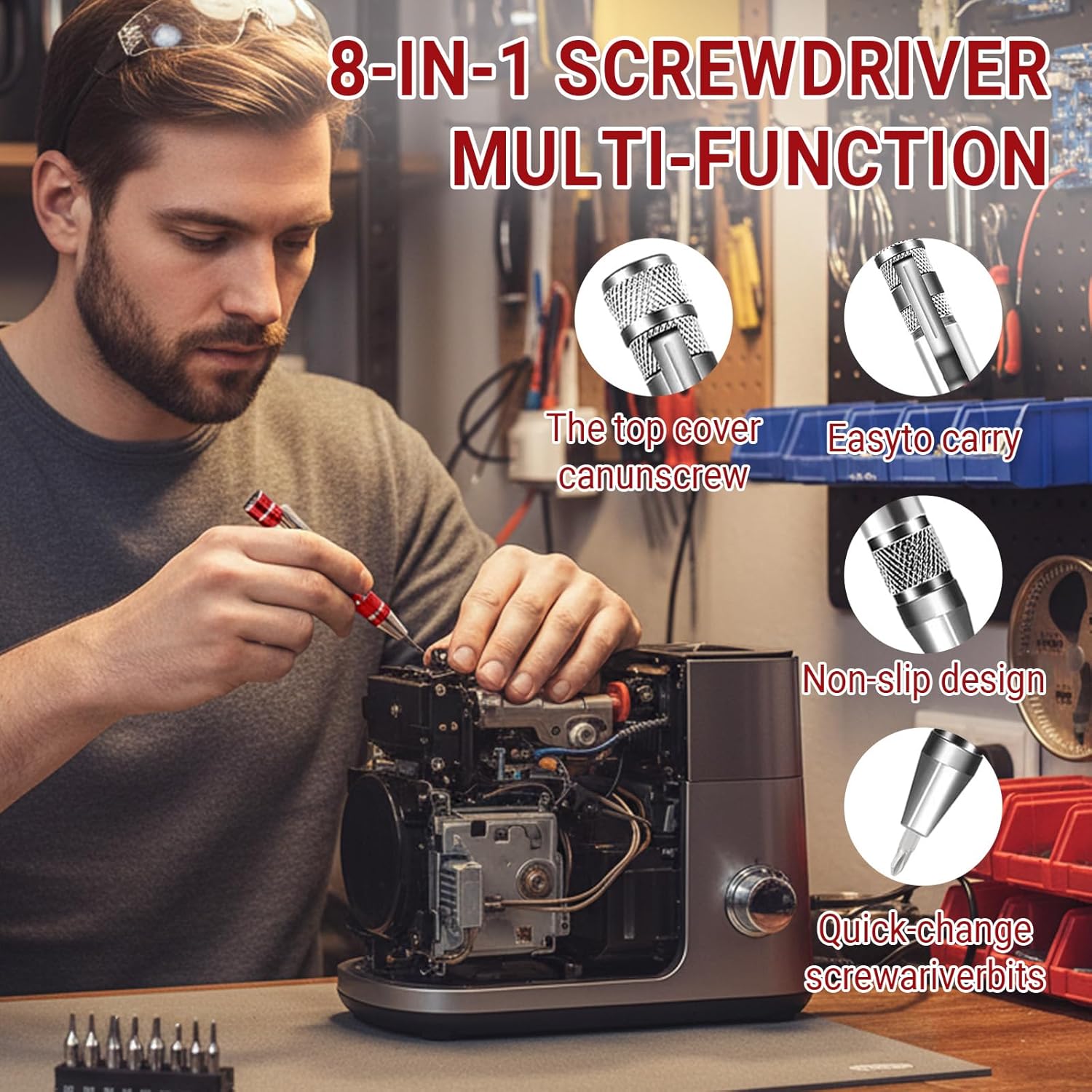 Pocket 8-in-1 Multitool Screwdriver Set Mini Magnetic Flathead and Crosshead Portable Aluminum Hand Tool for Repairing Installing Electronics(Red)