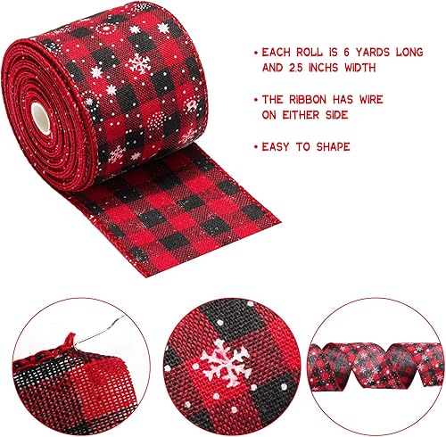 Miniatura 2 de 4 rollos de cinta de Navidad a cuadros de búfalo de Navidad, cinta de copo de nieve, cinta de Navidad con alambre para decoración de envoltura de