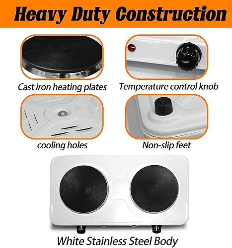 Miniatura 4 de VNIMTI Quemador de encimera eléctrico de 2000 W placa de cocción doble de acero inoxidable quemador plano de hierro fundido para dormitorio oficina