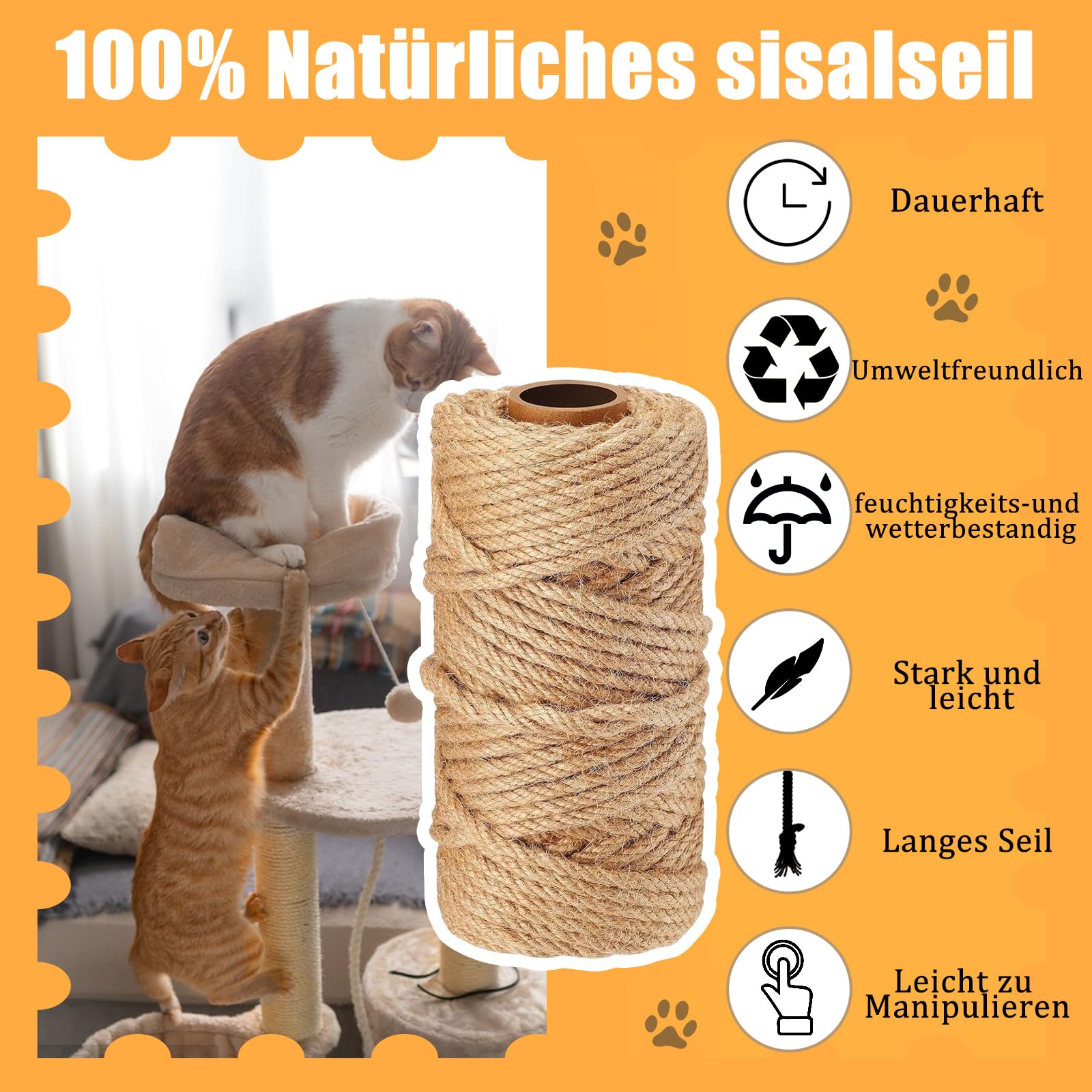 Corda Sisal Naturale Per Tiragraffi - 6mm X 50m, Con Giocattolo Topo Per Gatti - Foto 4