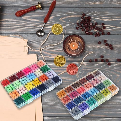 Miniatura 7 de Wax Seal Stamp Kit with Gift Box,48 Color 1200 Pcs Wax Seal Beads with 2 Pcs Wax Seal Stamps, Sealing Wax Warmer, Metallic Pen and 10Pcs Tea Candles