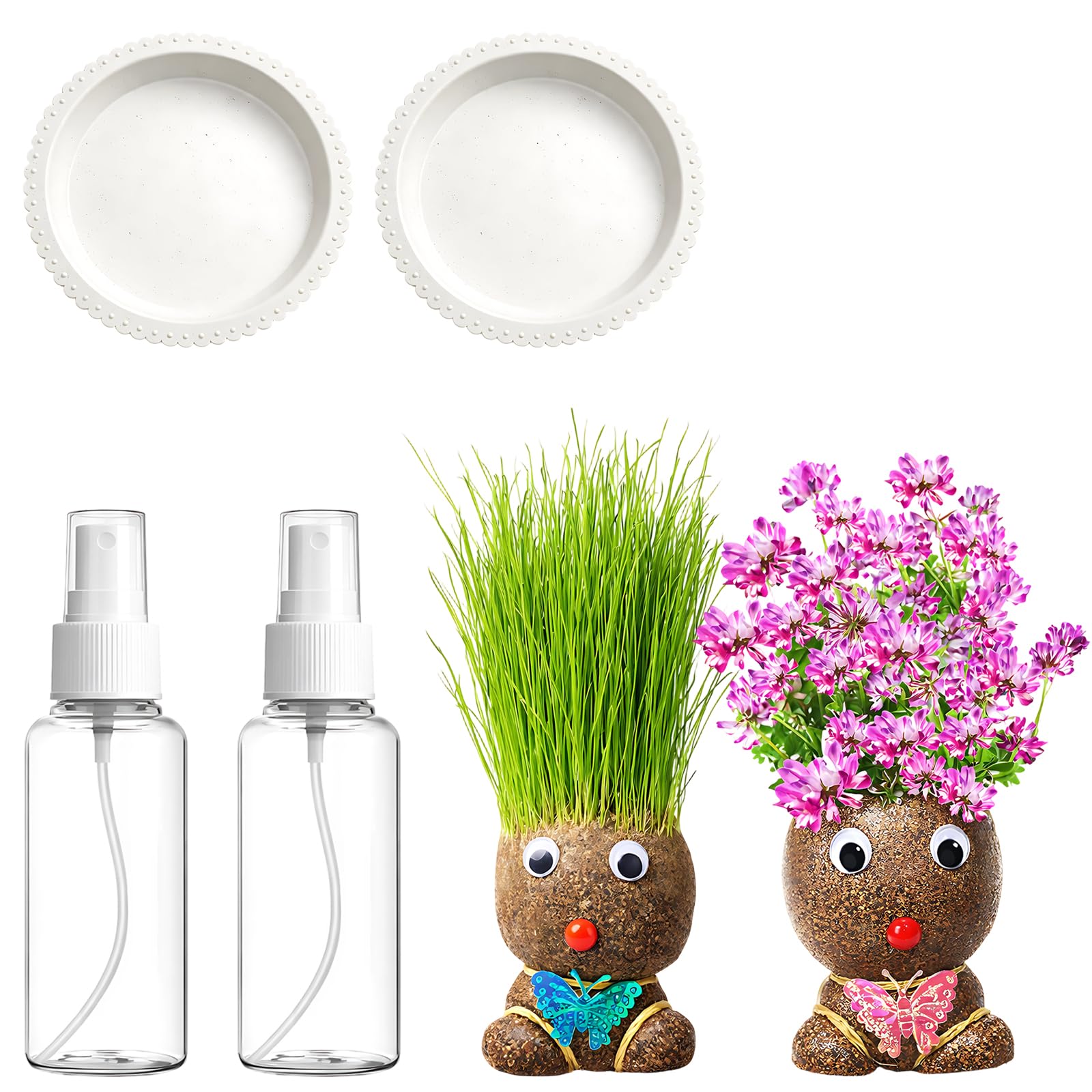6Pcs Grass Head Growing Kit, Decorative Plant Set with 6 Pieces, Includes Grass Head Doll and Blooming Doll, Ideal for Indoor Gardening and Home Decoration, Complete with 2 Trays and 2 Water Sprayers