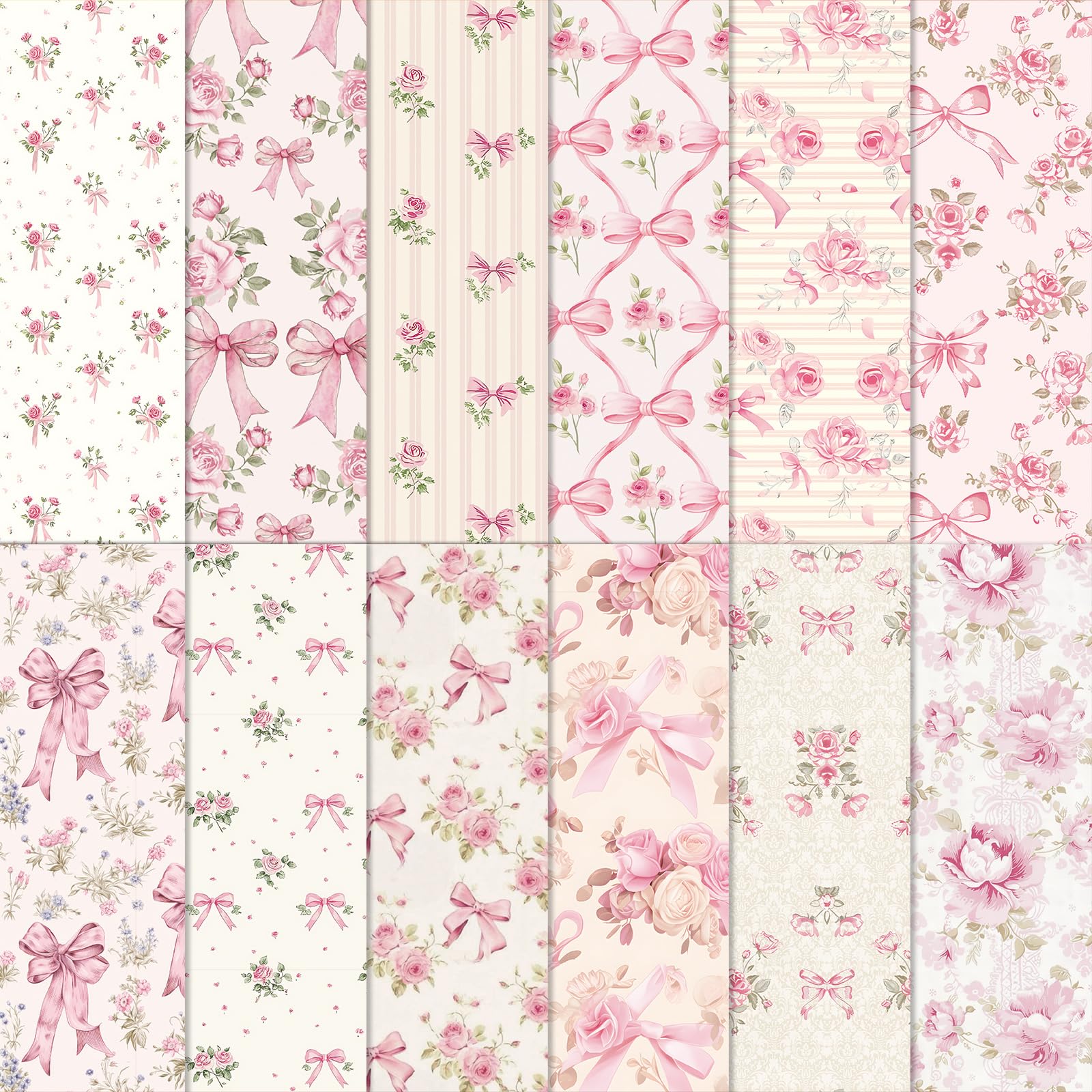 FYSUIMU 12 paquetes de tela de algodón con lazo rosa y flores, estilo vintage, con lazo rosa, cuartos gordos, telas de acuarela para coser, manualidades, decoración de fiestas, 18 x 22 pulgadas