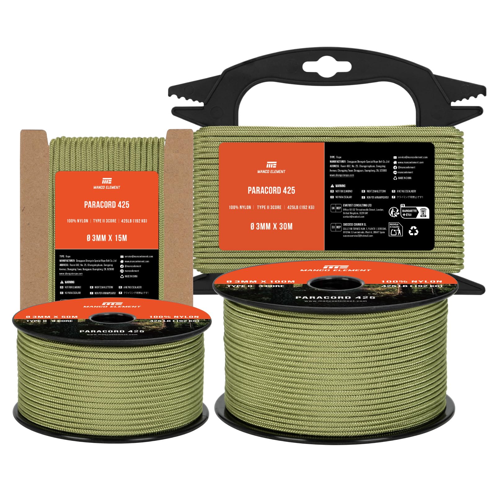 Manco Element 3mm Paracord 425 Type II 50m Holy Guacamole | 100% Nylon Rope 3 Strands Tactical Cord | Ideal for Outdoor, Camping, Survival, Crafting, DIY