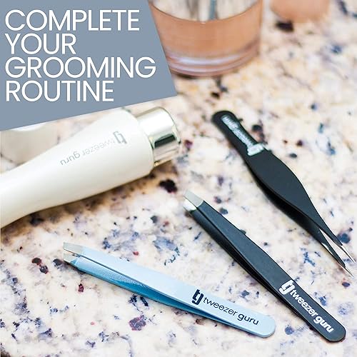 Miniatura 9 de Juego de pinzas set TweezerGuru punta de inclinación de acero inoxidable y pinzas de cejas puntiagudas, gran precisión para el bello facial, pelos