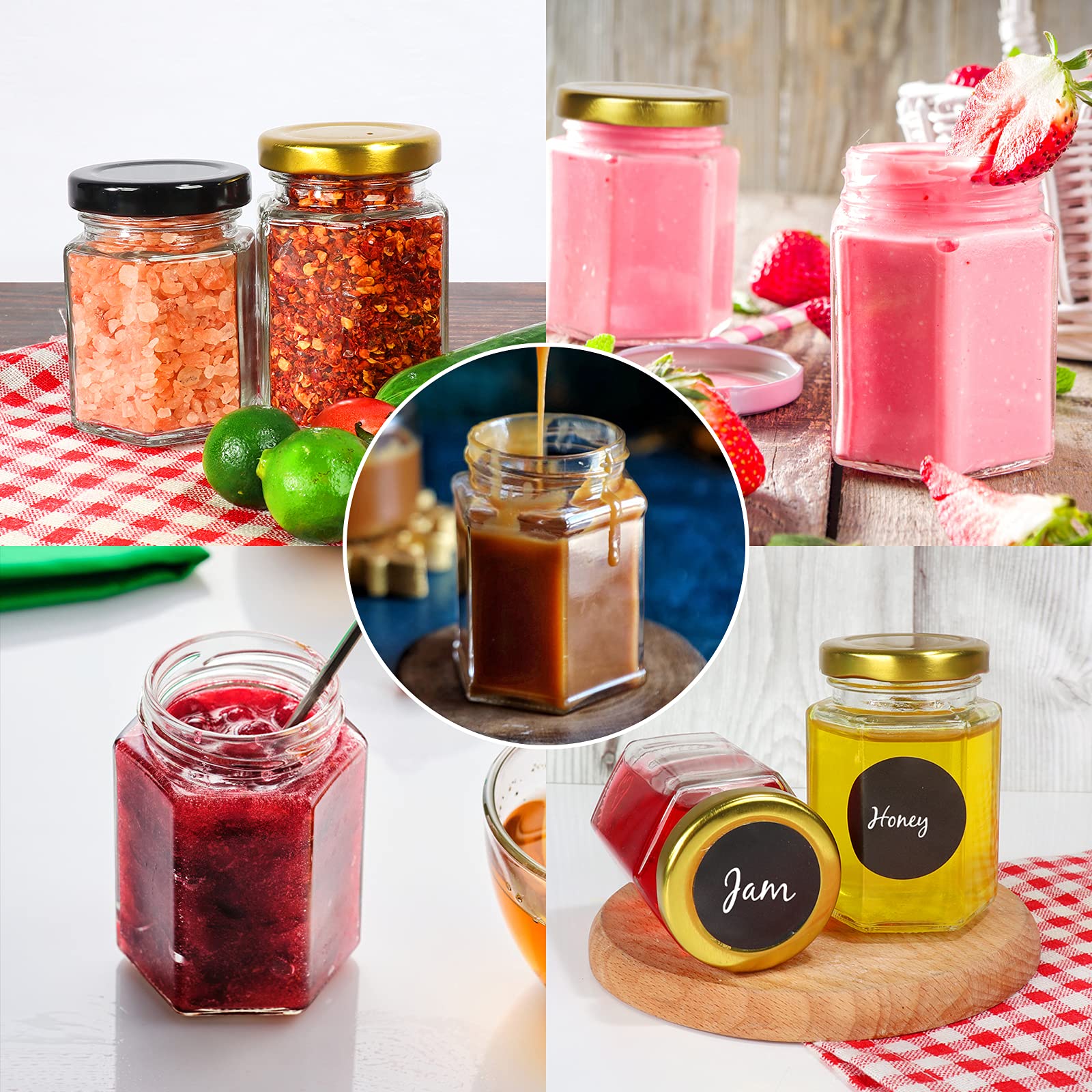 SHiZAK Sechseckige Gläser mit goldfarbenem Deckel, 120 ml, Klarglas, Honiggläser, Gewürzgläser, Einmachgläser für Kräuter, Marmeladen, Duschgeschenke, Hochzeitsgeschenke, Handwerk, 1 Stift und