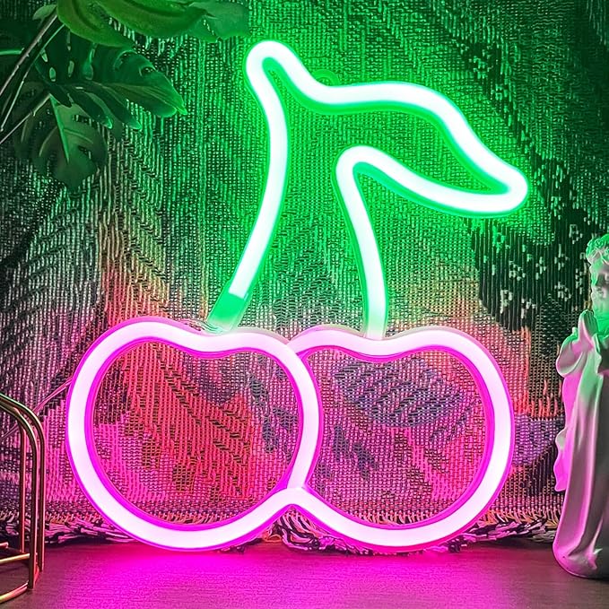 VIFULIN Cherry Neon Sign - Pink LED Light for Bedroom, Room Decor & Party Decoration - USB/Battery Powered, Themed Gifts