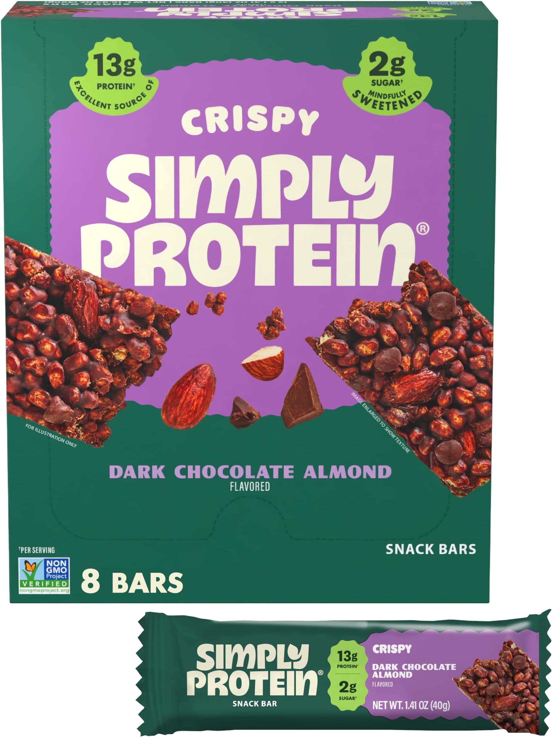 Simply Protein - Dark Chocolate Almond Crispy Bars - Plant Based Protein Bars - Low Carb, Low Sugar, High Fiber - 13g Protein, 2g Sugar, 7g Fiber - Vegan, Gluten Free, Non GMO, Kosher - 8 Bars