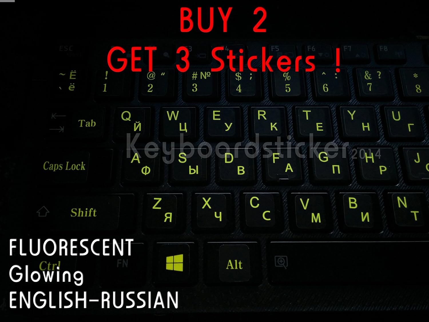 Russian Cyrillic Keyboard Stickers with Fluorescent Lettering on Black Opaque