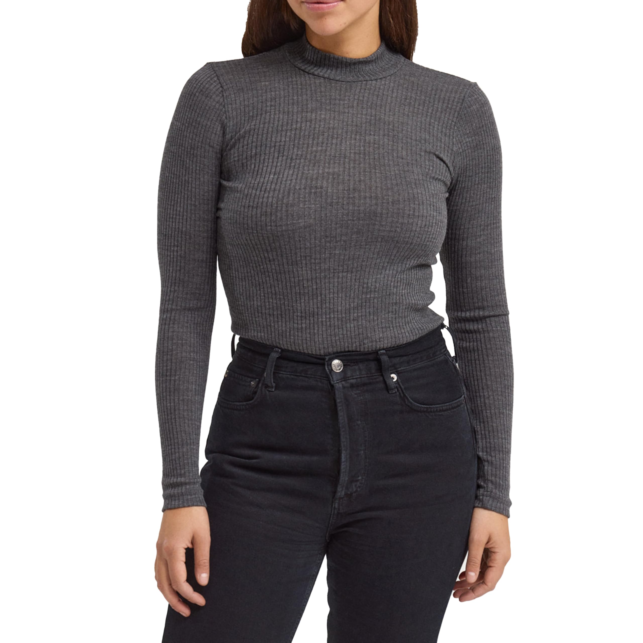 Dilling Women's Dark Grey Melange Ribbed High Neck Top - Organic Merino Wool 14