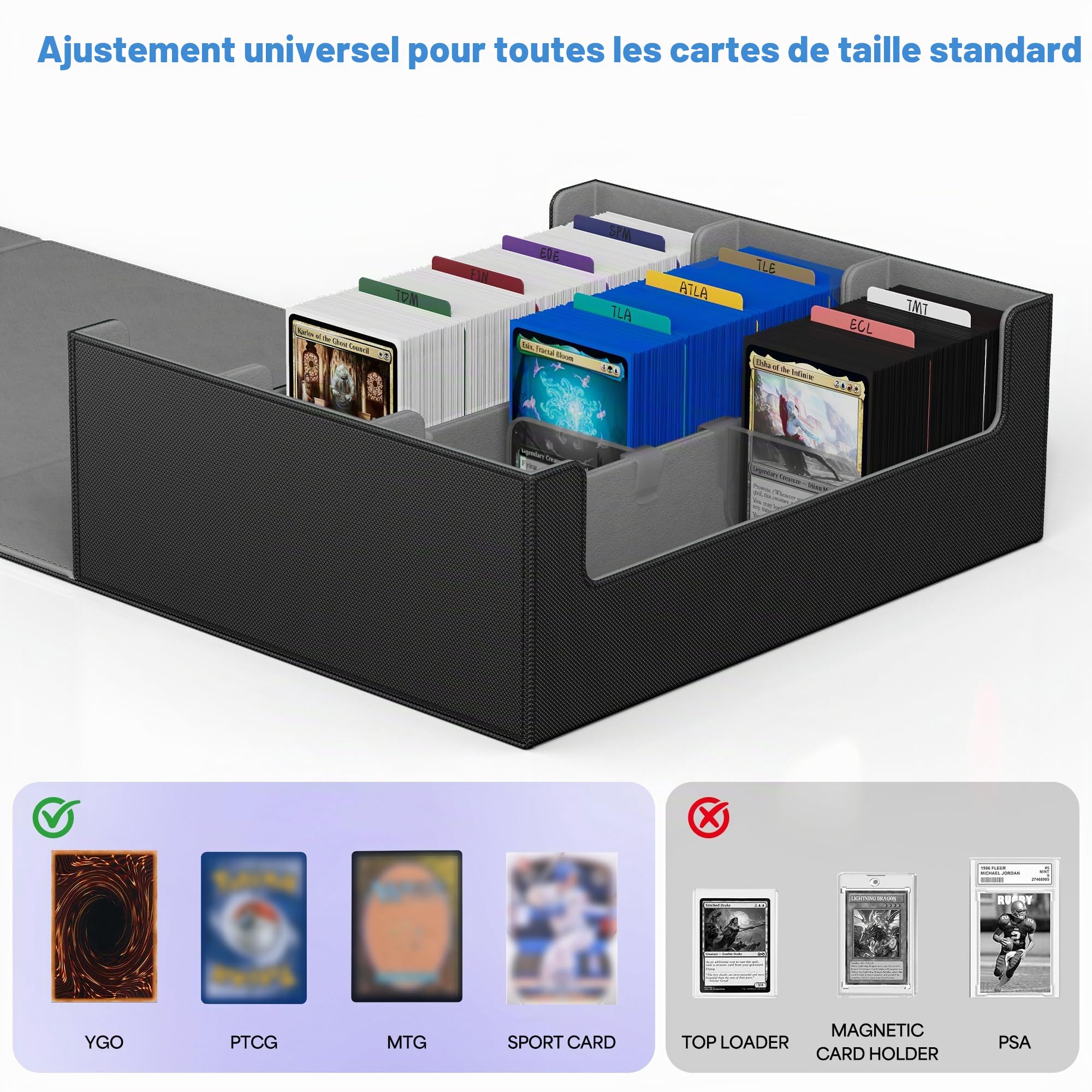 UAONO Coffret de rangement pour cartes | 1800 cartes protégées, fermeture magnétique cuir PU, 10 séparateurs & 3 butoirs pour MTG, PTCG, YGO, sports(Noir)