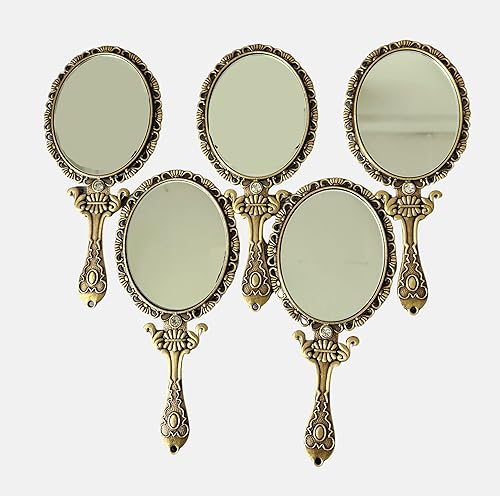 SEHAMANO - Espejo de mano vintage de 5 piezas con rosa en relieve en la parte posterior, espejo de metal de belleza, bolso compacto, espejo pequeño